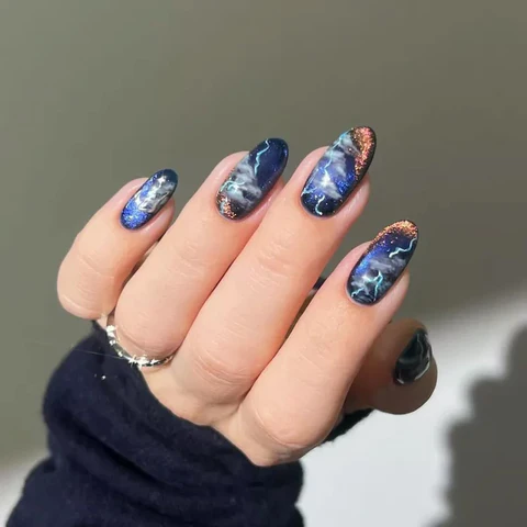 Water Marble Nail Art - Midnight Lightning Marble